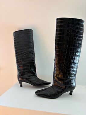 Toteme Black Croc-Embossed Knee-High Heeled Boots